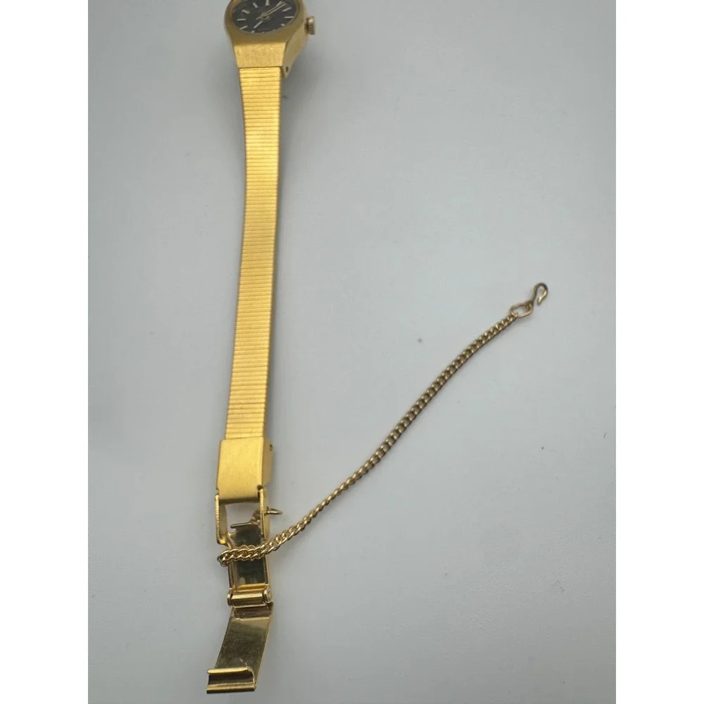 Vintage Pulsar Watch Ladies Gold Tone Black Dial NOS Working